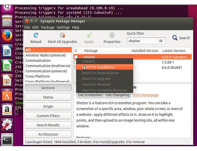 A screenshot showing the Synaptic Package Manager interface with the installation process for the Shutter application.