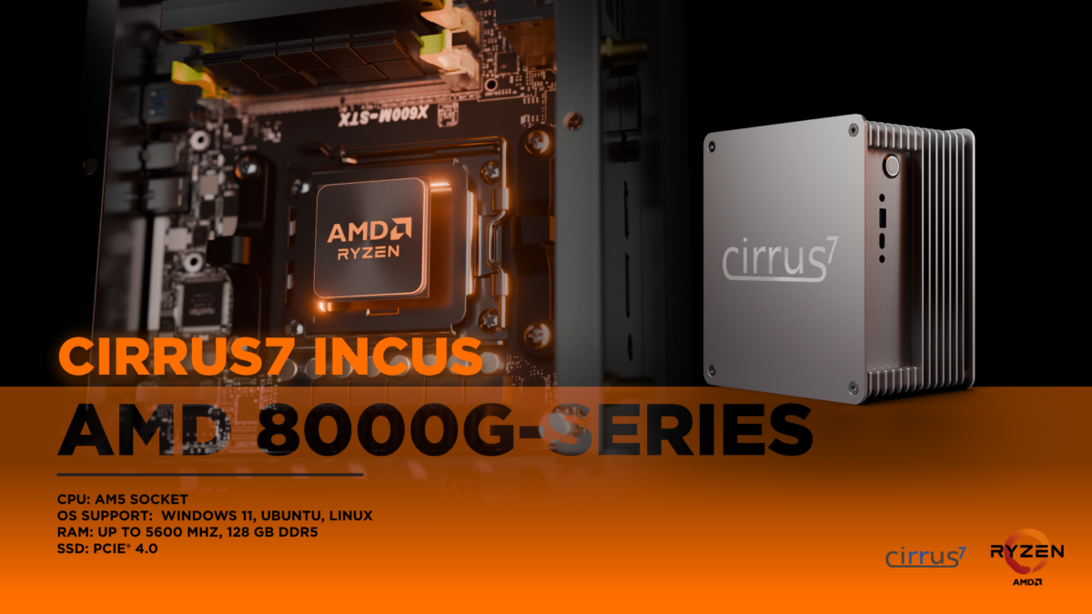 The image is a promotional graphic for the Cirrus7 Incus mini PC featuring the AMD 8000G-Series processors. The text "Cirrus7 Incus AMD 8000G-Serie" is prominently displayed in orange and black. The graphic lists key specifications: CPU (AM5 Socket), Operating System (Windows 11, Ubuntu, Linux), Memory (up to 5600 MHz, 128 GB DDR5), and SSD (PCIe 4.0). An open Cirrus7 Incus mini PC is shown revealing its internal components with an AMD Ryzen processor, next to a fully assembled Cirrus7 Incus mini PC. The Cirrus7 logo and the AMD Ryzen logo are displayed in the lower-right corner.