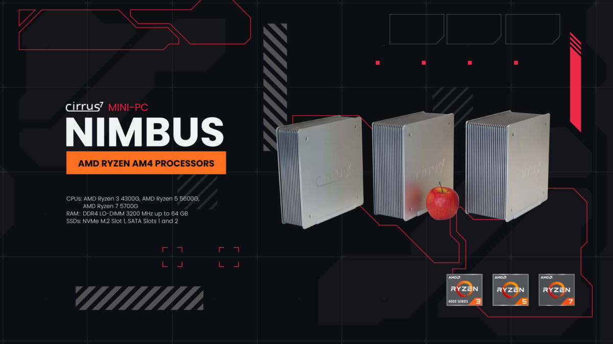 A promotional image for the Cirrus7 Mini-PC Nimbus, showcasing its compatibility with AMD Ryzen AM4 processors. The image features three Nimbus systems arranged in a visually appealing manner, with a red apple placed between them for added visual interest. The graphic elements highlight the supported processors, RAM specifications, and storage options, targeting users interested in compact and powerful computing solutions.