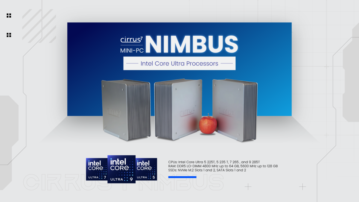 A promotional image showcasing the Cirrus7 Mini-PC Nimbus, emphasizing its compatibility with Intel Core Ultra processors. The image features three Nimbus systems arranged on a platform with a blue backdrop, and a red apple is placed between the systems.