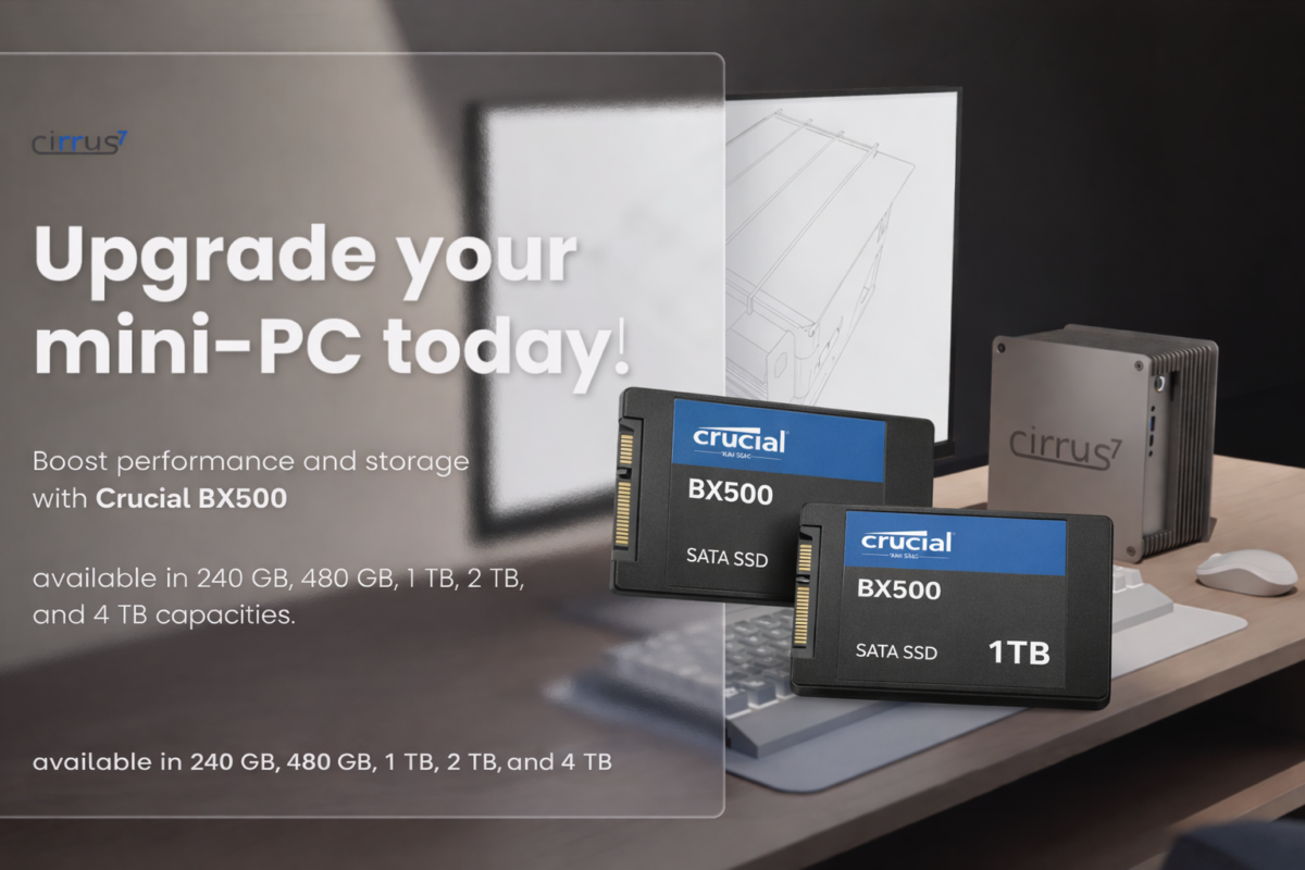 Crucial BX500 SATA SSDs neben einem Cirrus7 Mini-PC auf einem Schreibtisch